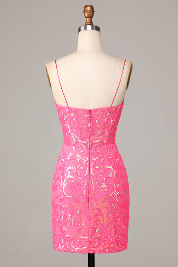Sheath Spaghetti Straps Fuchsia Sequins Short Ball Dress